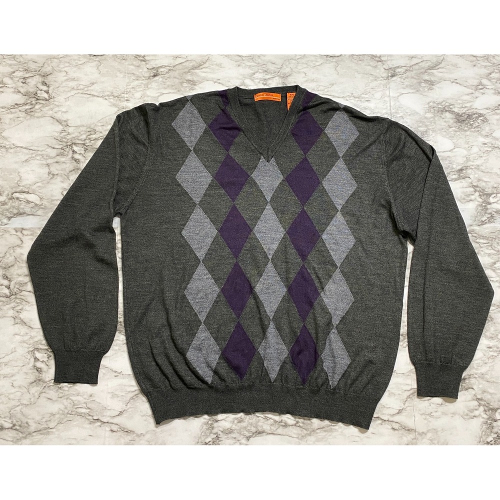 SETTE PONTI Made‎ in Italy Men's Sweater 2XL Gray Argyle Merino Wool Acrylic